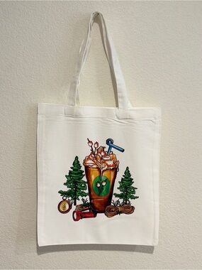 Handmade Canvas Tote Bag with Camping and Coffee Graphic - White